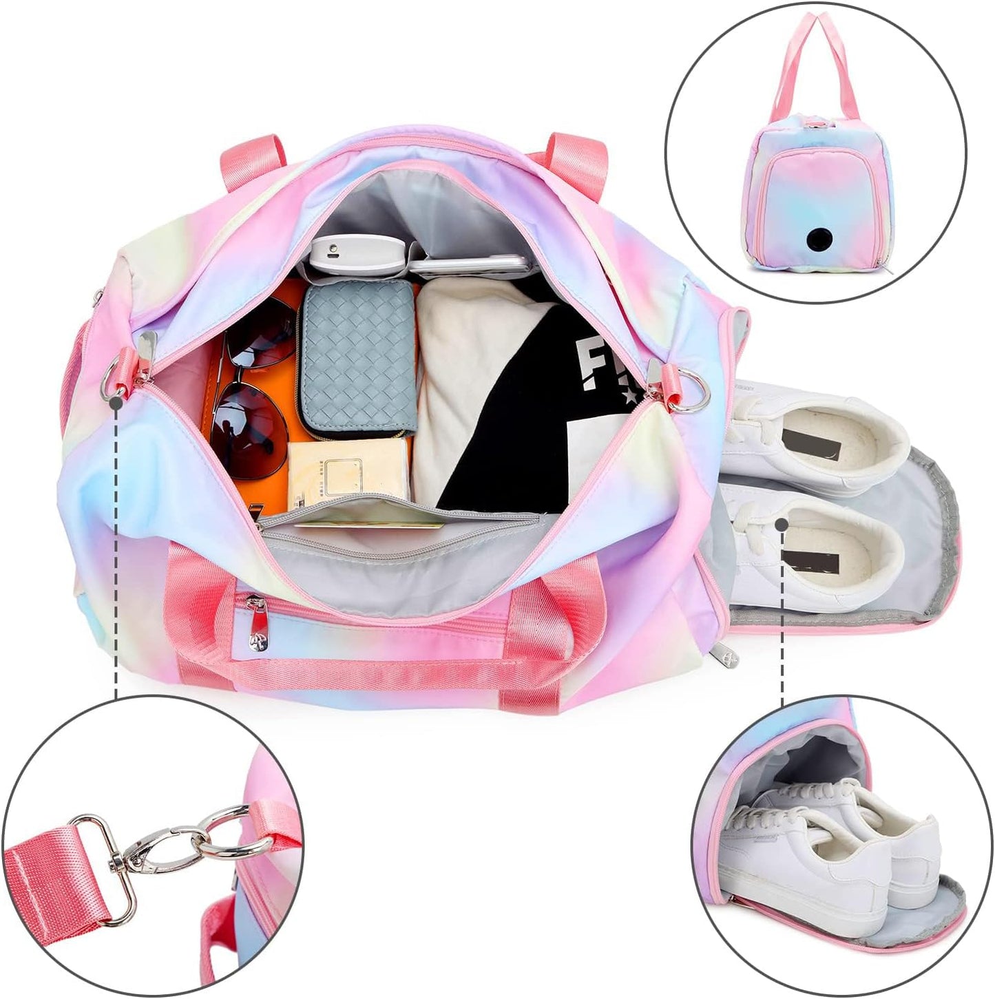 Weekender Duffel Sport Gym Bag Women Girls Travel Duffle Bags with Shoe Compartment Wet Pocket (Rainbow Pink) 19.7"X9.5"X9.9"