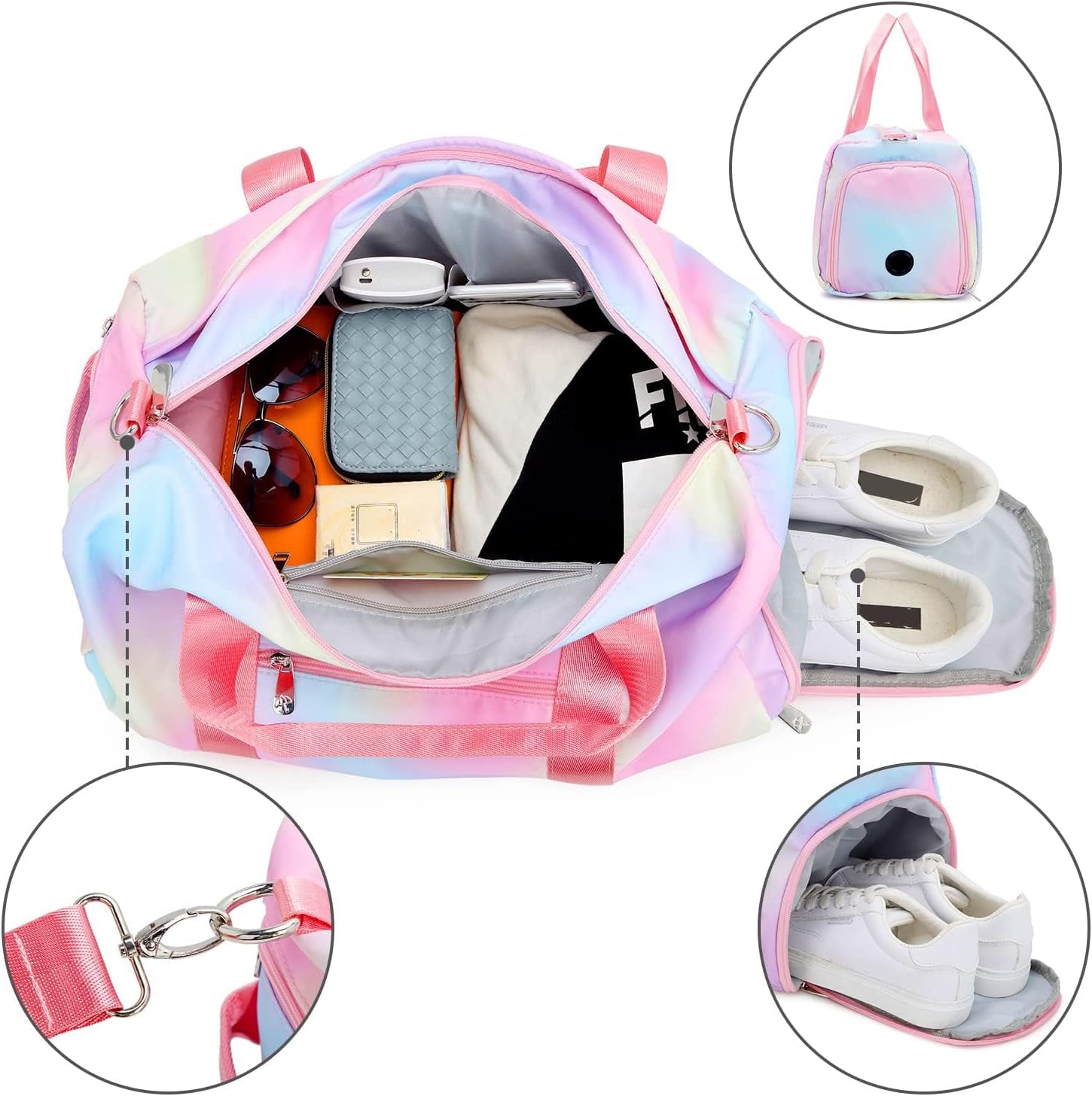 Weekender Duffel Sport Gym Bag Women Girls Travel Duffle Bags with Shoe Compartment Wet Pocket (Rainbow Pink) 19.7"X9.5"X9.9"