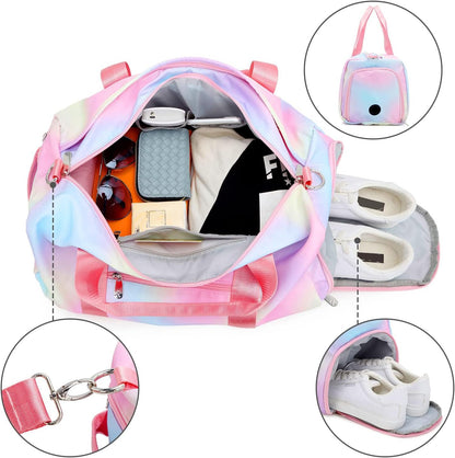 Weekender Duffel Sport Gym Bag Women Girls Travel Duffle Bags with Shoe Compartment Wet Pocket (Rainbow Pink) 19.7"X9.5"X9.9"