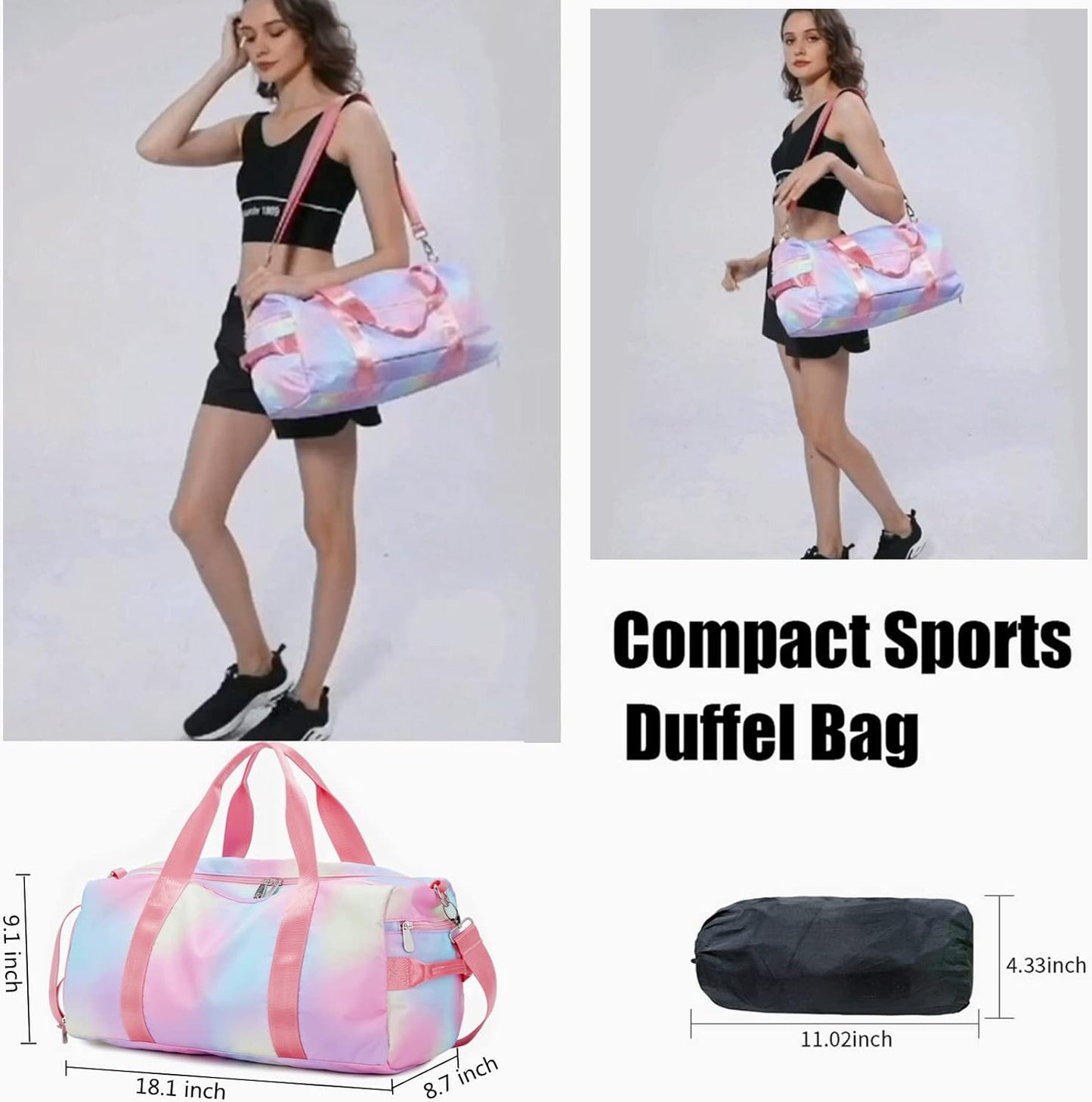 Weekender Duffel Sport Gym Bag Women Girls Travel Duffle Bags with Shoe Compartment Wet Pocket (Rainbow Pink) 19.7"X9.5"X9.9"