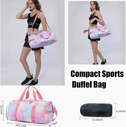 Weekender Duffel Sport Gym Bag Women Girls Travel Duffle Bags with Shoe Compartment Wet Pocket (Rainbow Pink) 19.7"X9.5"X9.9"