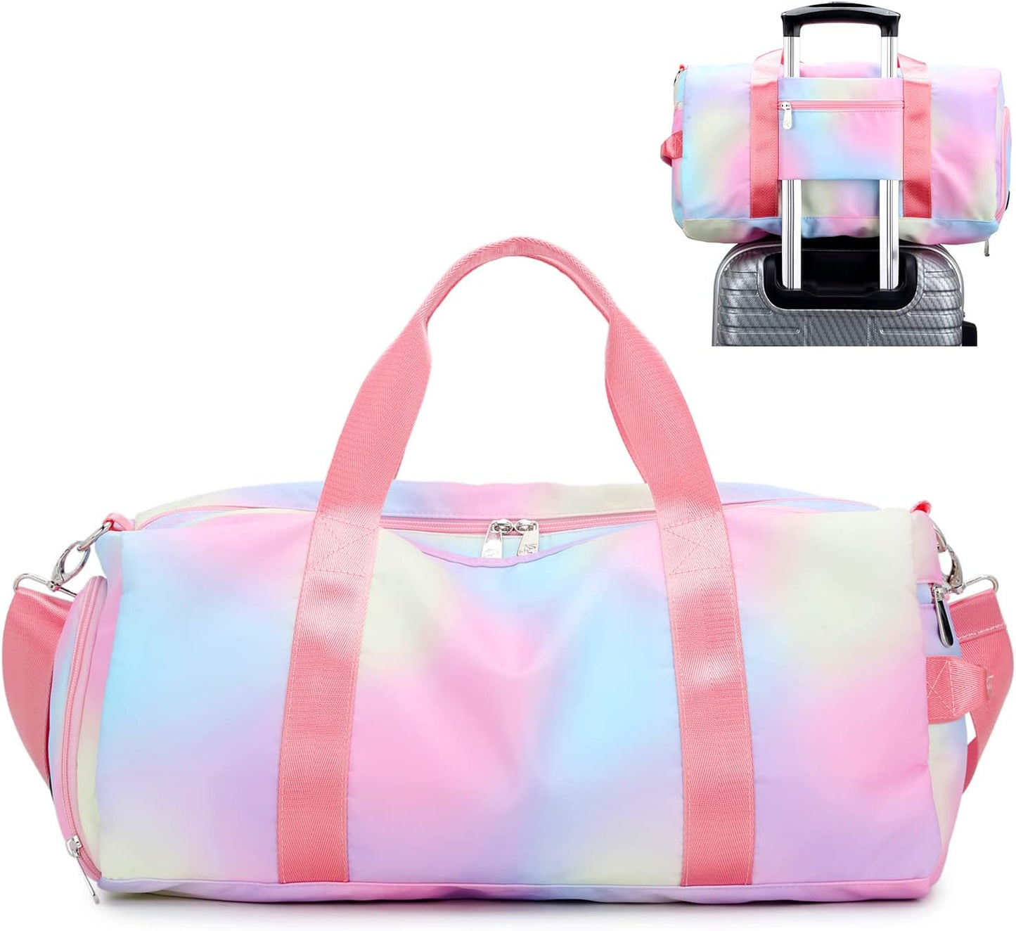 Weekender Duffel Sport Gym Bag Women Girls Travel Duffle Bags with Shoe Compartment Wet Pocket (Rainbow Pink) 19.7"X9.5"X9.9"