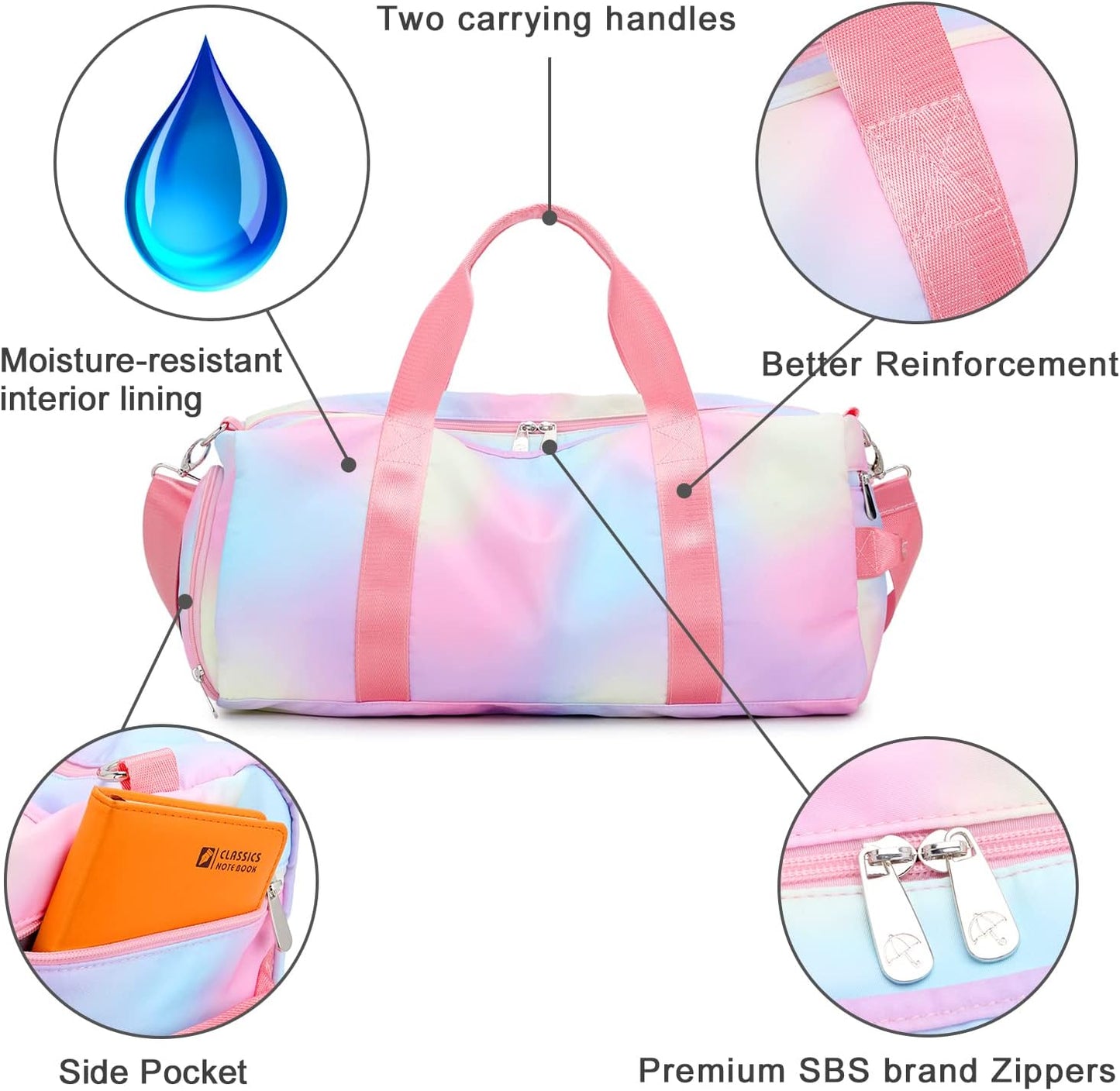Weekender Duffel Sport Gym Bag Women Girls Travel Duffle Bags with Shoe Compartment Wet Pocket (Rainbow Pink) 19.7"X9.5"X9.9"
