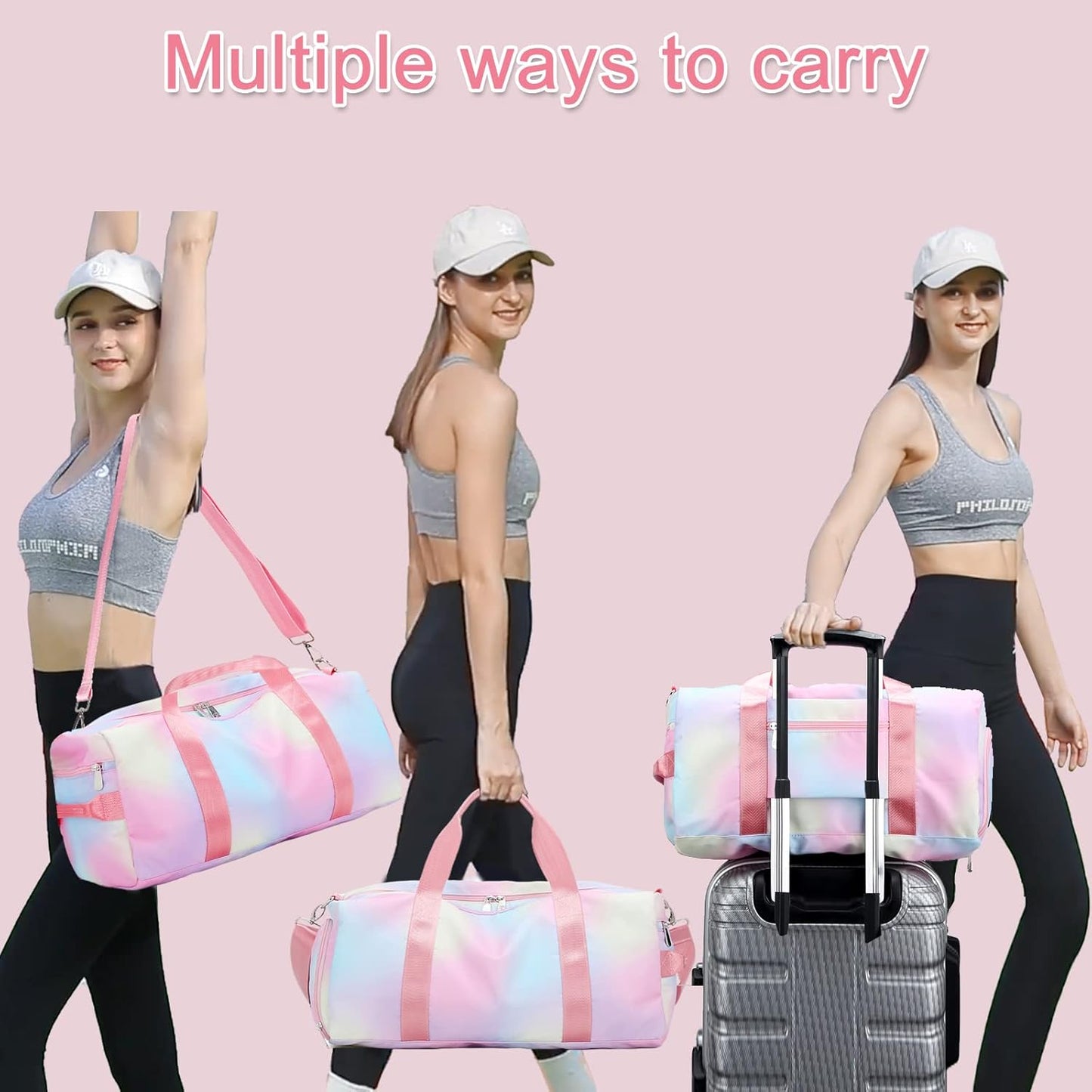 Weekender Duffel Sport Gym Bag Women Girls Travel Duffle Bags with Shoe Compartment Wet Pocket (Rainbow Pink) 19.7"X9.5"X9.9"